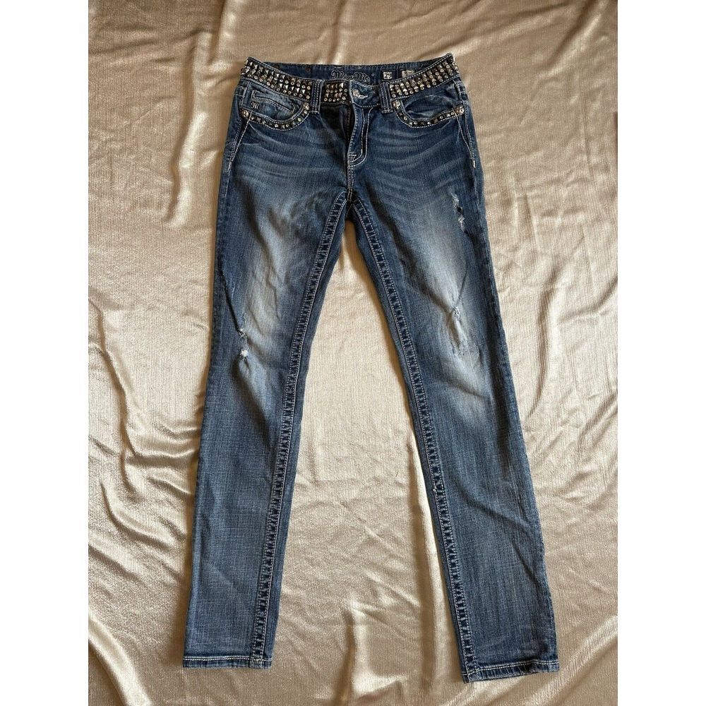 Miss Me Jeans Sz 29 Skinny Studded Rhinestone Belt‎ Low Rise Light Medium Wash - Picture 5 of 10